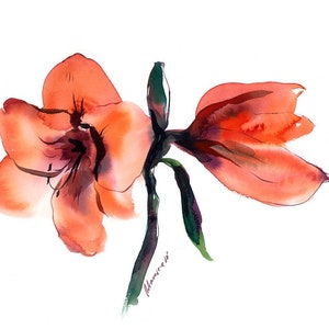 May include: Watercolor painting of two orange amaryllis flowers with green stems and leaves on a white background.