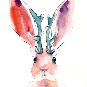 Jackalope painting - original watercolor wall art. Contemporary water colour picture