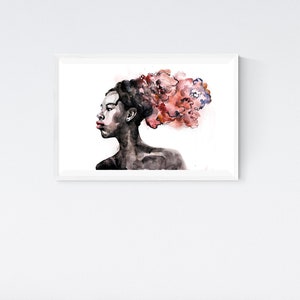 May include: A watercolor painting of a person with a dark complexion. The person has a red and pink flower-like design in their hair. The painting is in a white frame.