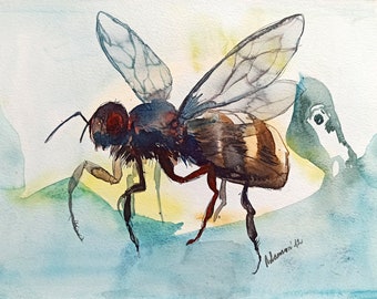 Pintura de acuarela de abejas – Arte mural original (30 x 24 cm)