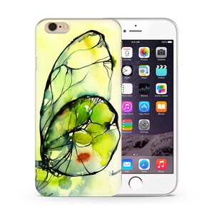 May include: A watercolor painting of a butterfly with green and yellow wings on a yellow background. The butterfly is outlined in black ink. The image is designed for a phone case.
