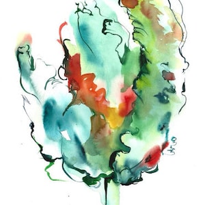 Art mural tulipe - aquarelle originale. Tulipe perroquet bleu-vert. Aquarelle abstraite bleu sarcelle contemporaine