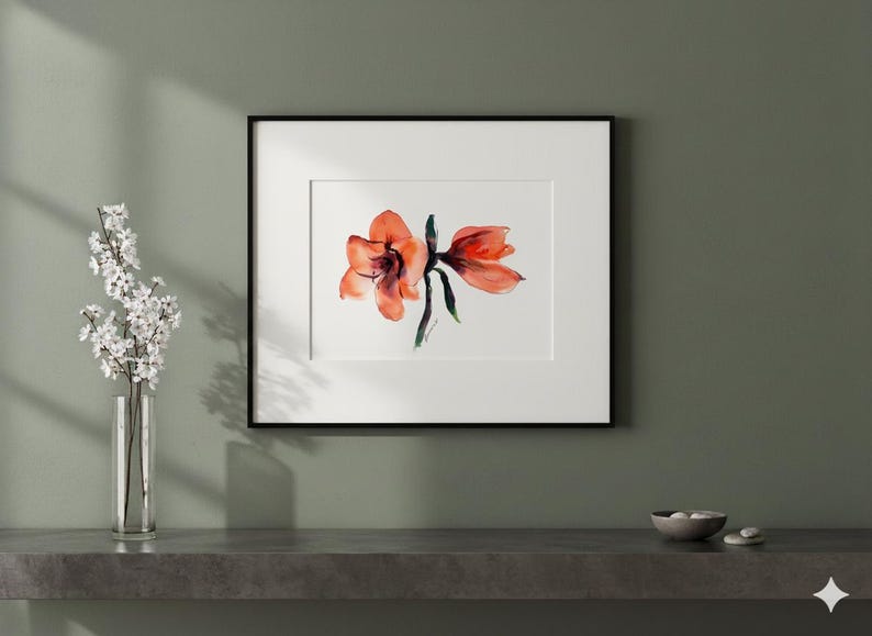 Red flower Watercolor Original Painting - Amarillis Water color Wall Art - Unique present for wedding image 3