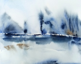 Water color painting - winter landscape art - original minimalist abstract watercolor painting