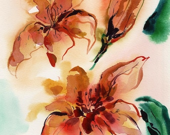オレンジリリーのオリジナル水彩画、またはユリの花のアートプリント