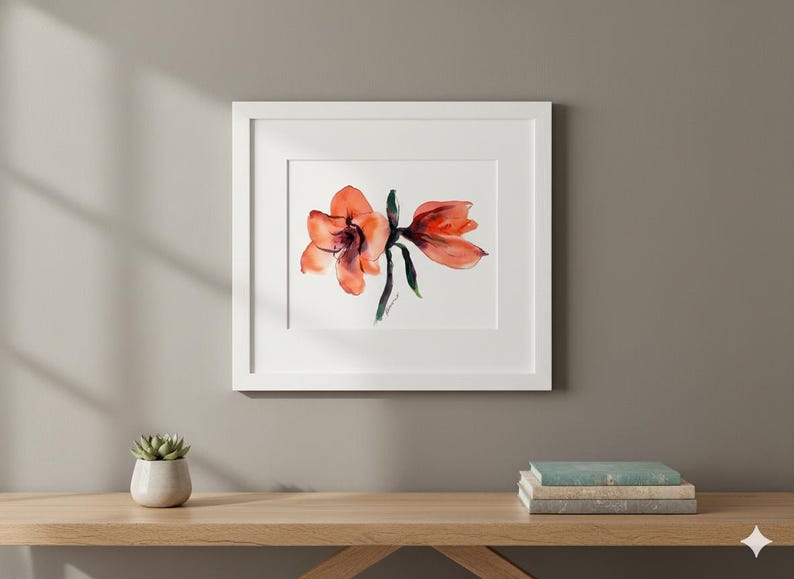 Red flower Watercolor Original Painting - Amarillis Water color Wall Art - Unique present for wedding image 7