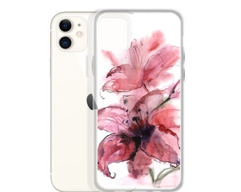 Floral iPhone 14 Case - Watercolor iPhone 13 Pink Lilies Phone Cover