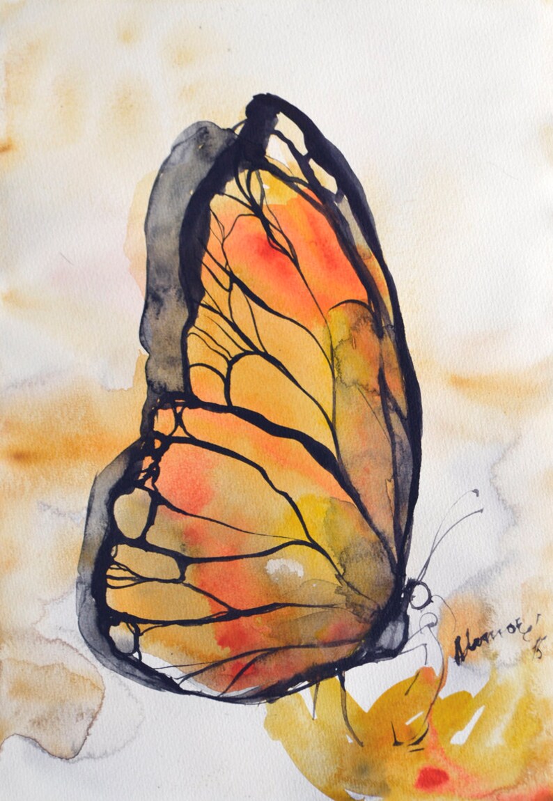 Yellow butterfly watercolor small painting 8x11 A4 original | Etsy