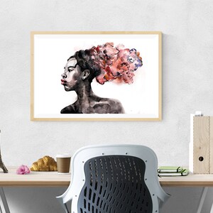 May include: A watercolor painting of a woman with a profile view. Her hair is styled in a large, abstract shape with shades of pink and red. The background is white.