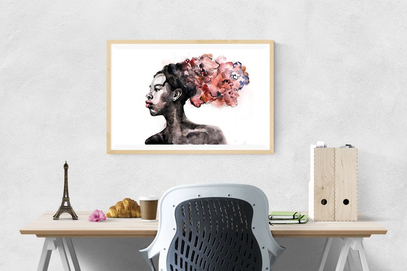 May include: A watercolor painting of a woman with a profile view. Her hair is styled in a large, abstract shape with shades of pink and red. The background is white.