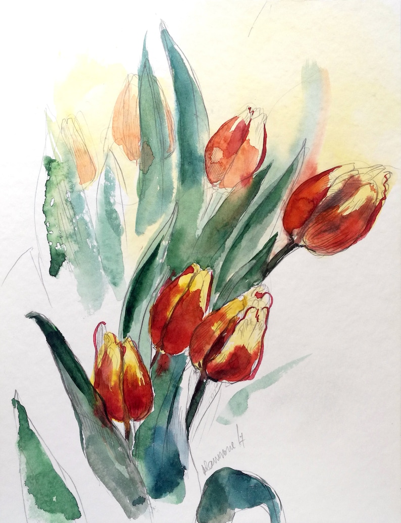 Puede incluir: Pintura acuarela de un ramo de tulipanes rojos y amarillos con hojas verdes. La pintura est&aacute; firmada "Hawthorne H."