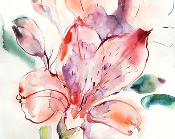 Lily of the Incas - Alstroemeria Flower abstract painting - original watercolor. Pink floral art