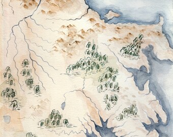 Hand drawn map - watercolor painting - fantasy map original watercolor - nautical water color art