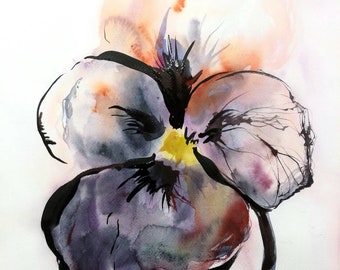 Minimalist Flower Painting – Original Watercolor and Ink Art (11x16 in)