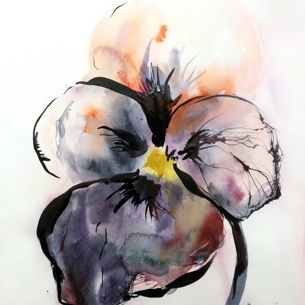 Minimalist Painting - Abstract Flower Watercolor and Ink Art
