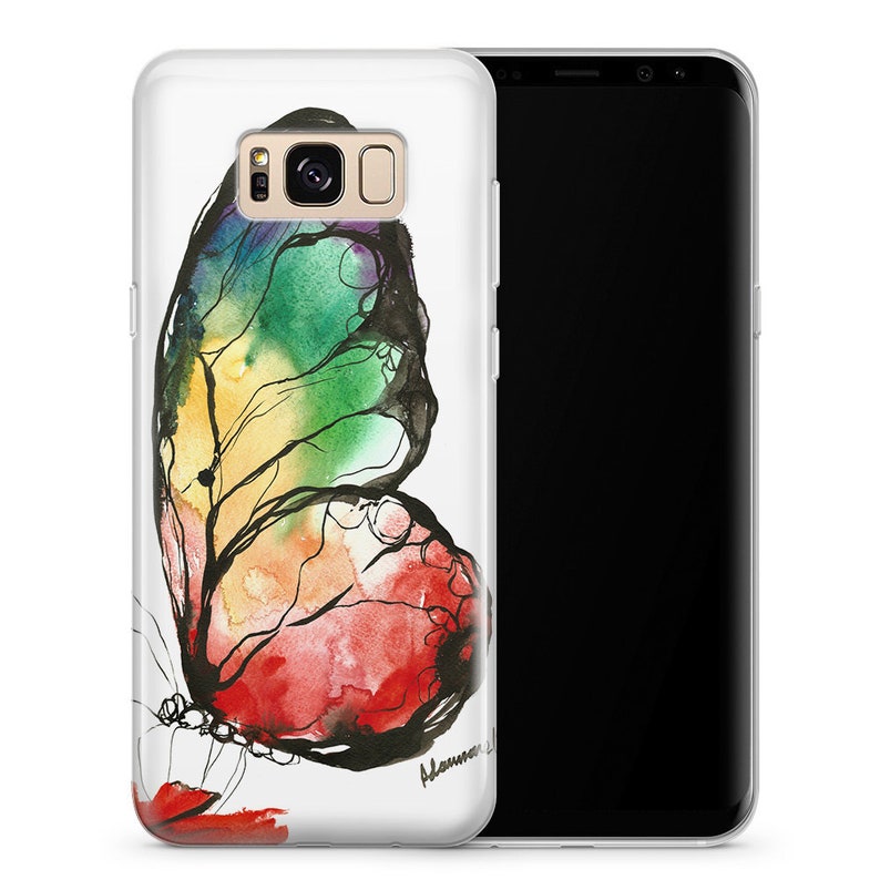 May include: A clear phone case with a watercolor painting of a butterfly with red, yellow, green, and blue wings. The butterfly is outlined in black ink. The case is designed for a Samsung Galaxy S8 phone.
