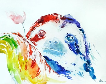 Original Sloth Watercolor Painting, Hand Painted Animal Art, OOAK Jungle Nursery Decor