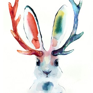 Jackalope painting - original watercolor art. Contemporary water colour. Jackrabbit watercolour