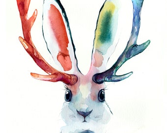Jackalope Malerei - original Aquarell Kunst. Zeitgenössische Aquarellmalerei. Jackrabbit Aquarell