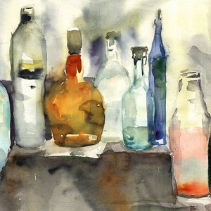 Still life bottles printable art - watercolor painting - high resolution digital jpg file watercolour