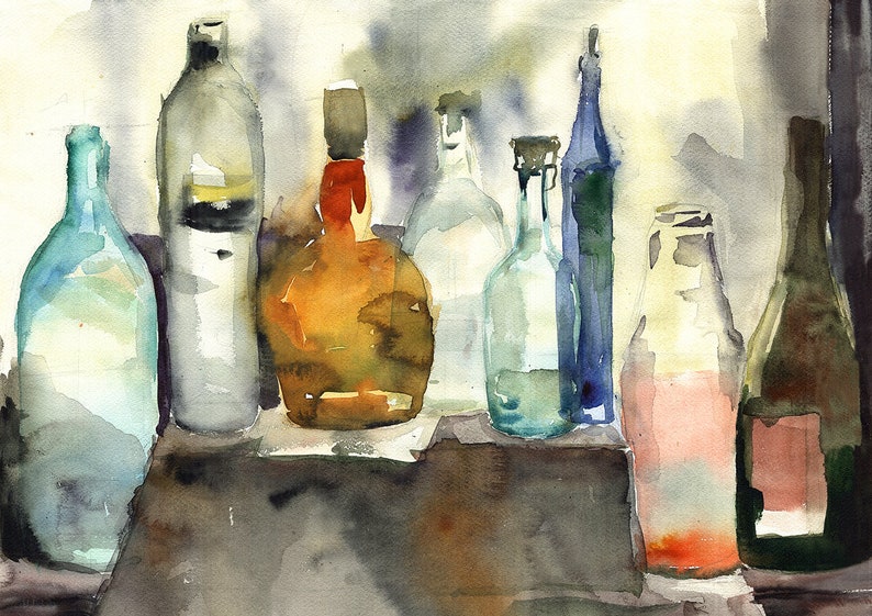 Bouteilles de nature morte art imprimable peinture à laquarelle aquarelle de fichier jpg numérique haute résolution image 1