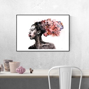 May include: A watercolor painting of a woman with a dark complexion. Her hair is styled in a large, abstract shape with shades of pink and red. The background is white.