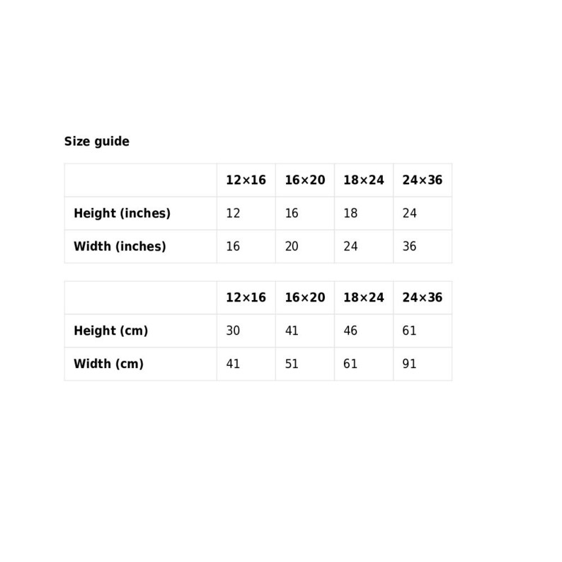 Puede incluir: Gu&iacute;a de tallas para impresiones en pulgadas y cent&iacute;metros. La tabla muestra las dimensiones de las impresiones en tama&ntilde;os 12x16, 16x20, 18x24 y 24x36.