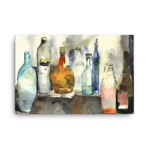 Puede incluir: Pintura acuarela de un bodeg&oacute;n con una colecci&oacute;n de botellas de vidrio de varias formas y tama&ntilde;os. Las botellas est&aacute;n dispuestas en una fila sobre una superficie de madera. Las botellas est&aacute;n llenas de l&iacute;quidos de diferentes colores, incluyendo transparente, azul y rojo. La pintura est&aacute; realizada en un estilo realista, con pinceladas suaves y sombras sutiles.