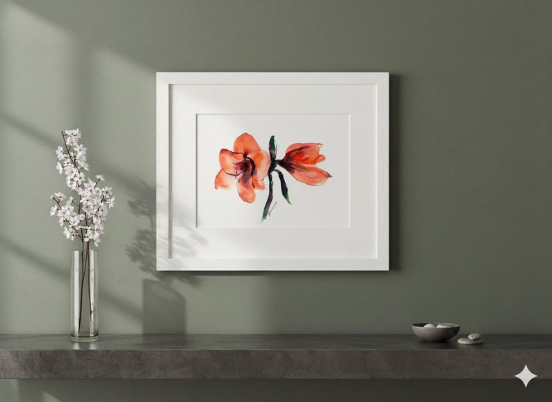Red flower Watercolor Original Painting - Amarillis Water color Wall Art - Unique present for wedding image 8