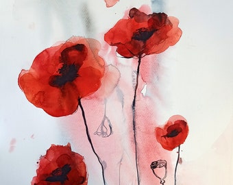 Red poppies watercolor painting - original. Contemporary floral water color art for home