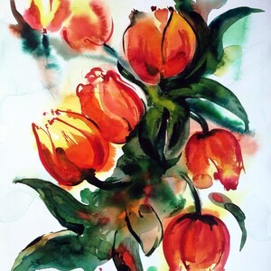Peinture de tulipes - aquarelle originale de fleurs rouges - art mural aquarelle
