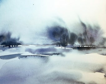 Minimalist Landscape Art - Original Black and White Scenery Ink and Watercolor Painting