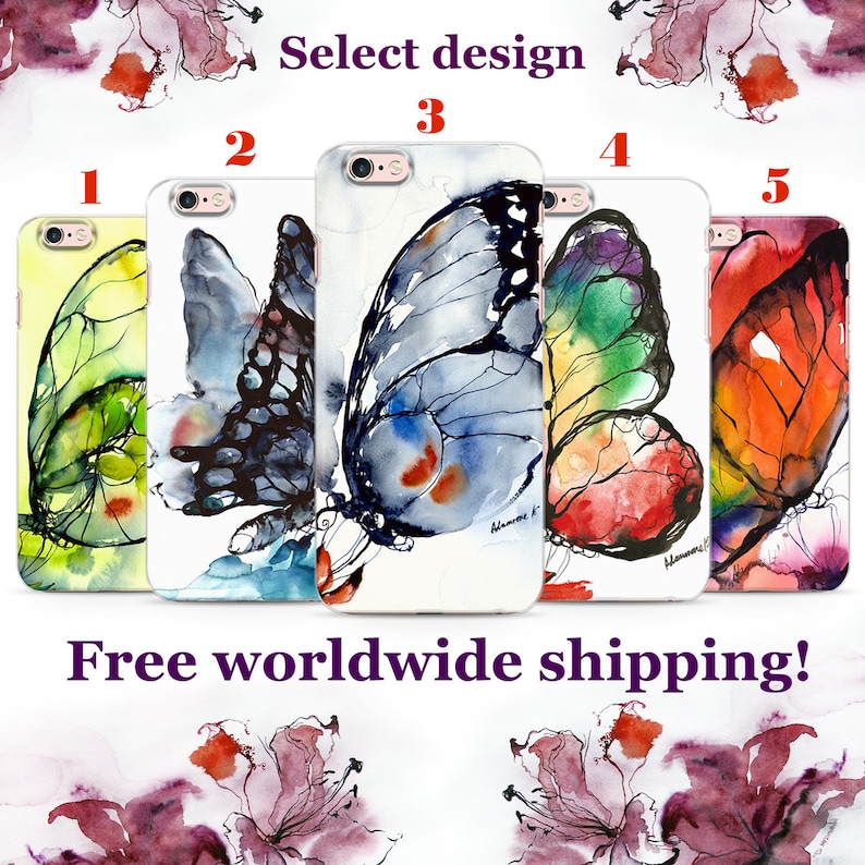 May include: Five different phone case designs featuring watercolor butterfly illustrations. The butterflies are painted in various colors, including green, blue, black, rainbow, and red. The text "Select design" and numbers 1 through 5 are displayed above the cases.