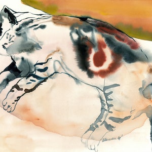 Whimsical cat art - watercolor original painting. Tabby kitty water color drawing