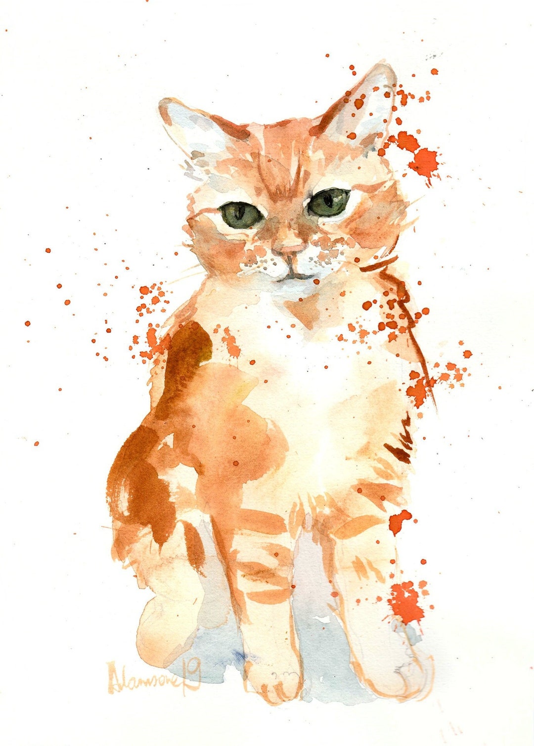 Orange Tabby Cat Wall Art Watercolor Original Painting Ginger Kitty