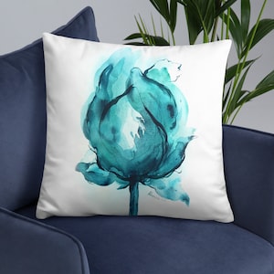 Teal pillow - Flower watercolor throw pillow