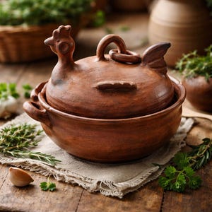 May include: A rustic, earthenware chicken-shaped casserole dish with a lid. The brown dish features a rooster head on top and a handle. The dish sits on a linen cloth, surrounded by herbs and garlic on a wooden surface.