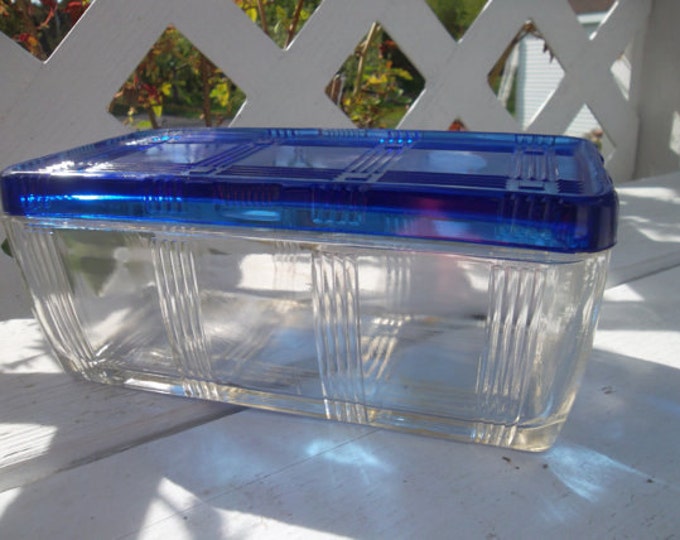 Vintage Large Clear & Blue Glass Refrigerator Jar Dish 1960s Etsy