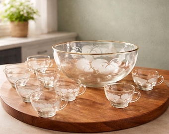Vintage Anchor Hocking Grape Pattern 27pc Punch Bowl Set With Box