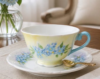 Vintage Lefton China Hand Painted "Forget Me Not" Teacup And Saucer Set Circa 1950s
