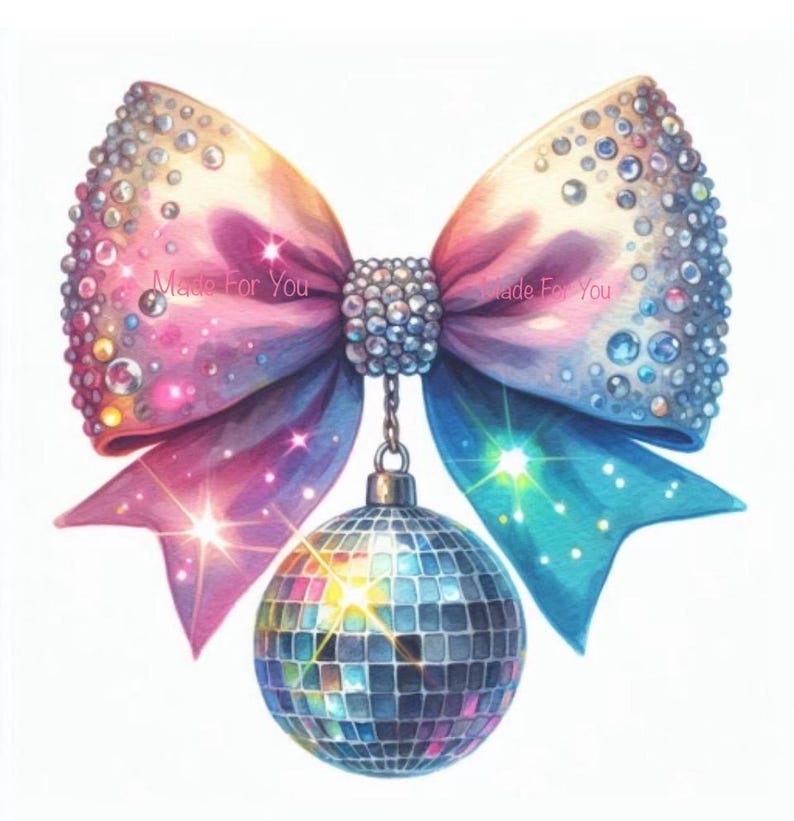 Bright Color Disco Ball Design Bow, Coquette Bow PNG Sublimation, PNG
