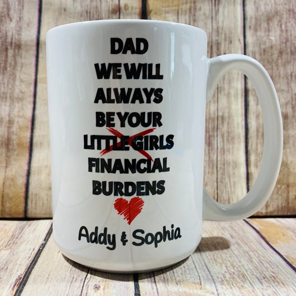 Dad Mug, Personalized with kids names, Dad we will always be your little girls Financial Burdens