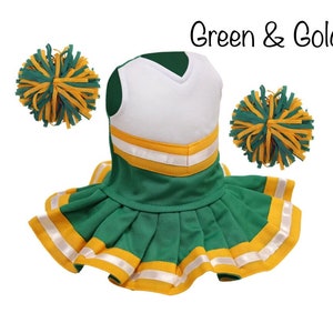 Green & Gold Cheerleader outfit,  18 inch doll cheer outfit, can be personalized with name or logo by