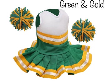 Green & Gold Cheerleader outfit,  18 inch doll cheer outfit, can be personalized with name or logo by