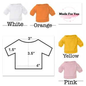 May include: A diagram showing the measurements of a small, short-sleeved t-shirt. The measurements are in inches. The t-shirt is shown in four colors: white, orange, yellow, and pink.