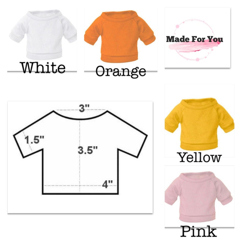 May include: A diagram showing the measurements of a small, short-sleeved t-shirt. The measurements are in inches. The t-shirt is shown in four colors: white, orange, yellow, and pink.