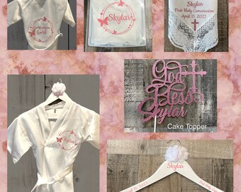 Personalized Keepsake Communion Satin Robe, handkerchief, cake topper,hanger,keepsake box