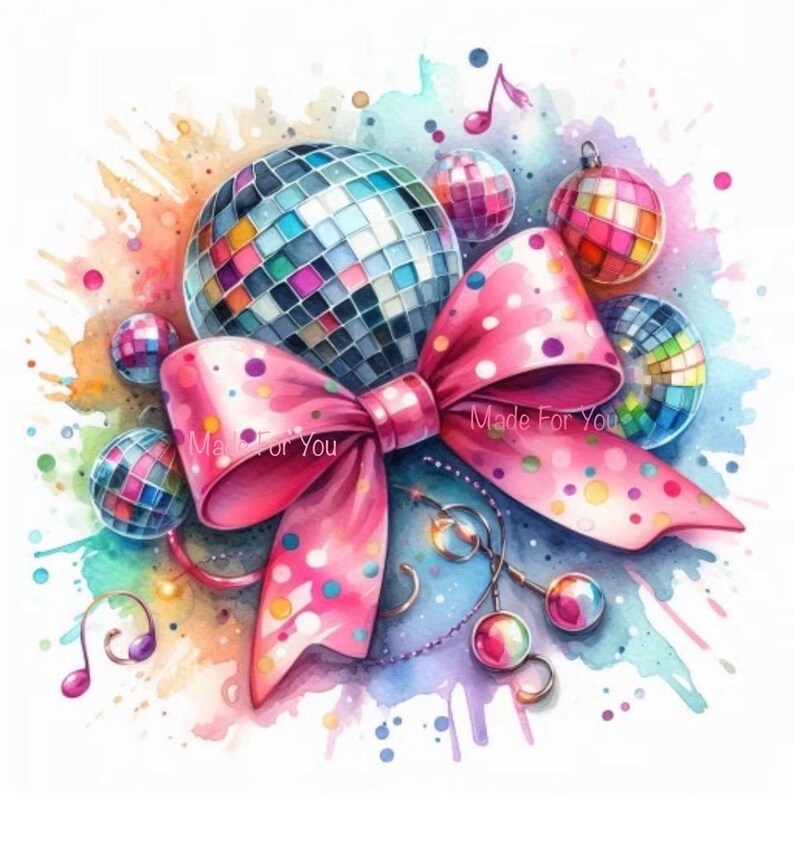 Bright Watercolor Disco Balls Design Bow, Coquette Bow PNG Sublimation