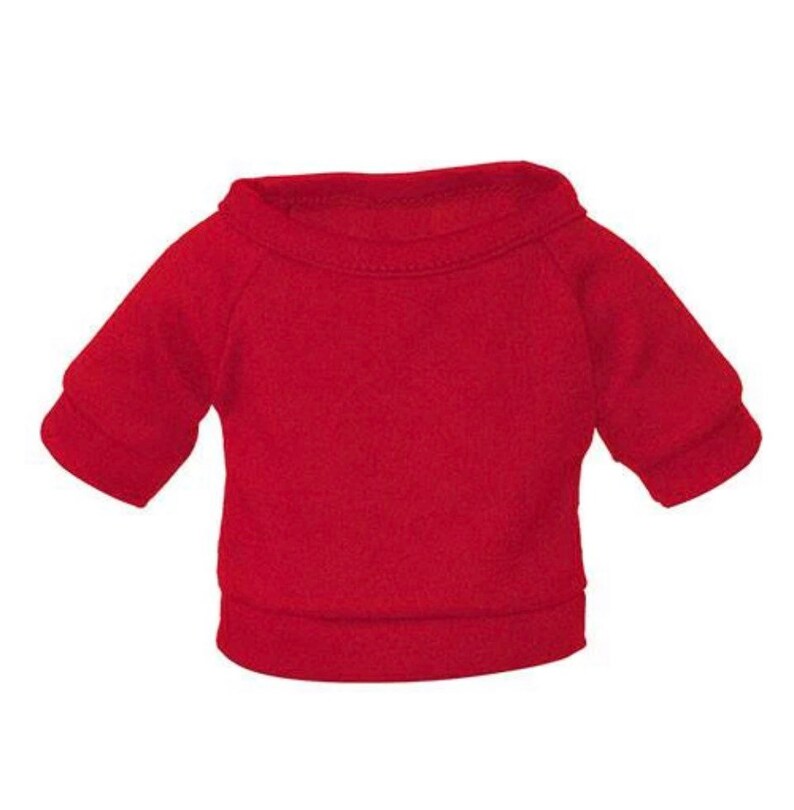 May include: A red short-sleeved crew neck t-shirt for a pet.
