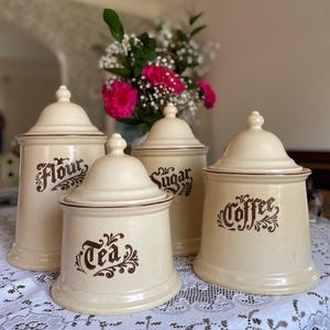 Juego de 4 botes de cerámica vintage Pfaltzgraff para café, té, harina y azúcar